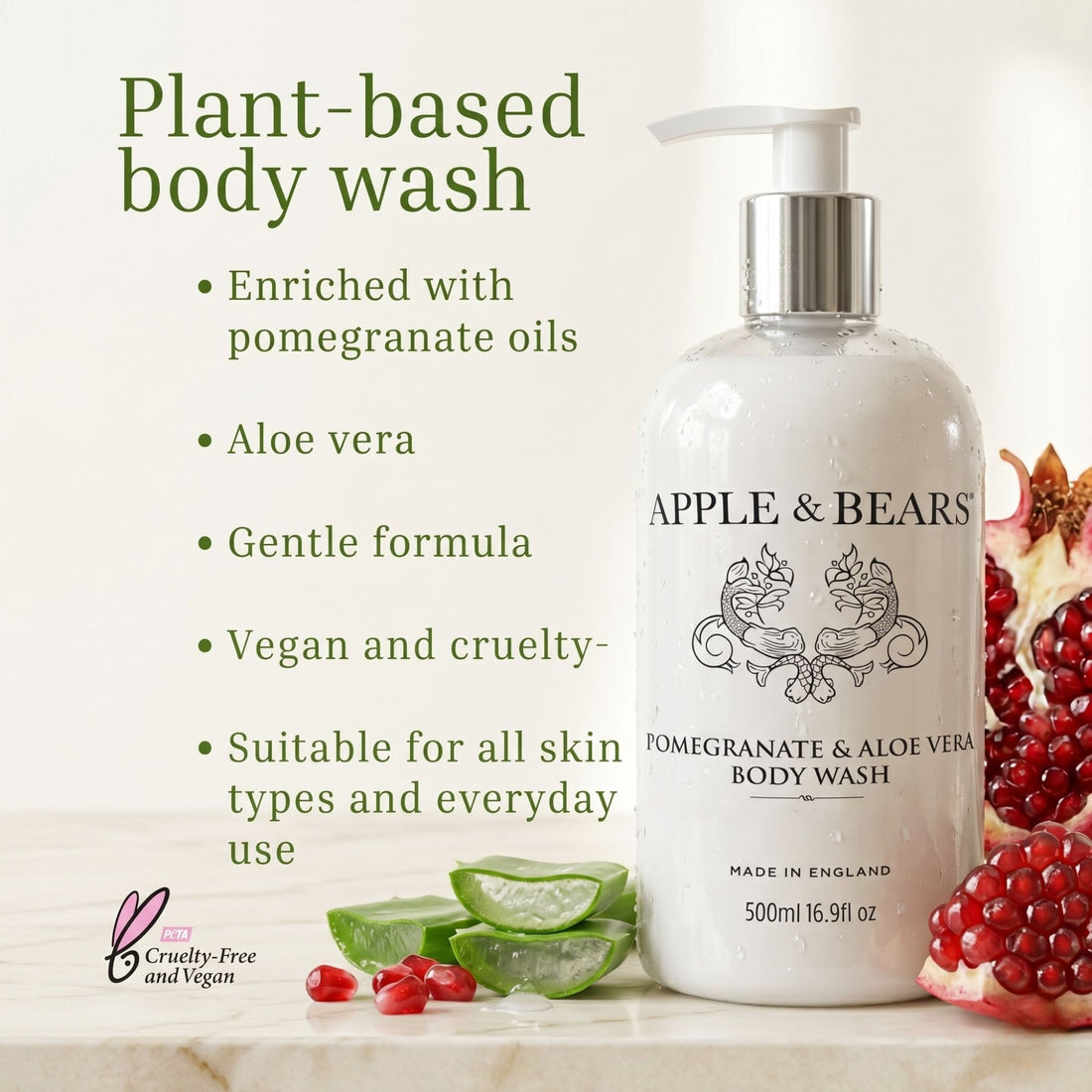 Apple & Bears Pomegranate Body Wash 500ml — plant-based, enriched with pomegranate and aloe vera, vegan and cruelty-free