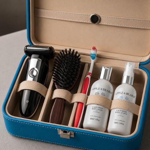 Apple & Bears California Body Wash and Lotion 100ml in blue luxury leather grooming case with razor, hairbrush and toothbrush - TSA compliant travel skincare