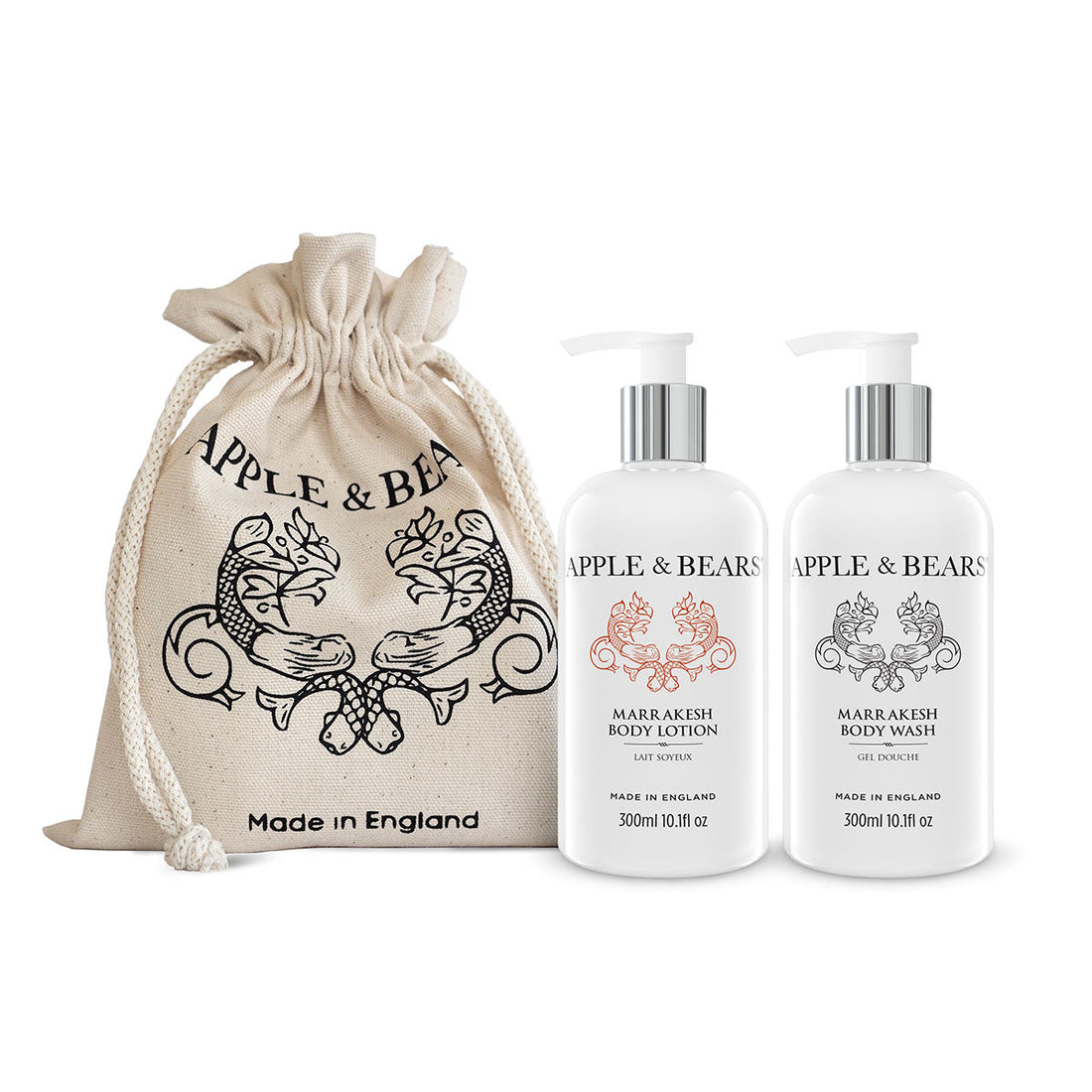 Marrakesh Luxury Body Care Gift Set - Exotic spicy body wash and lotion with signature canvas drawstring bag, made in England by Apple & Bears.
