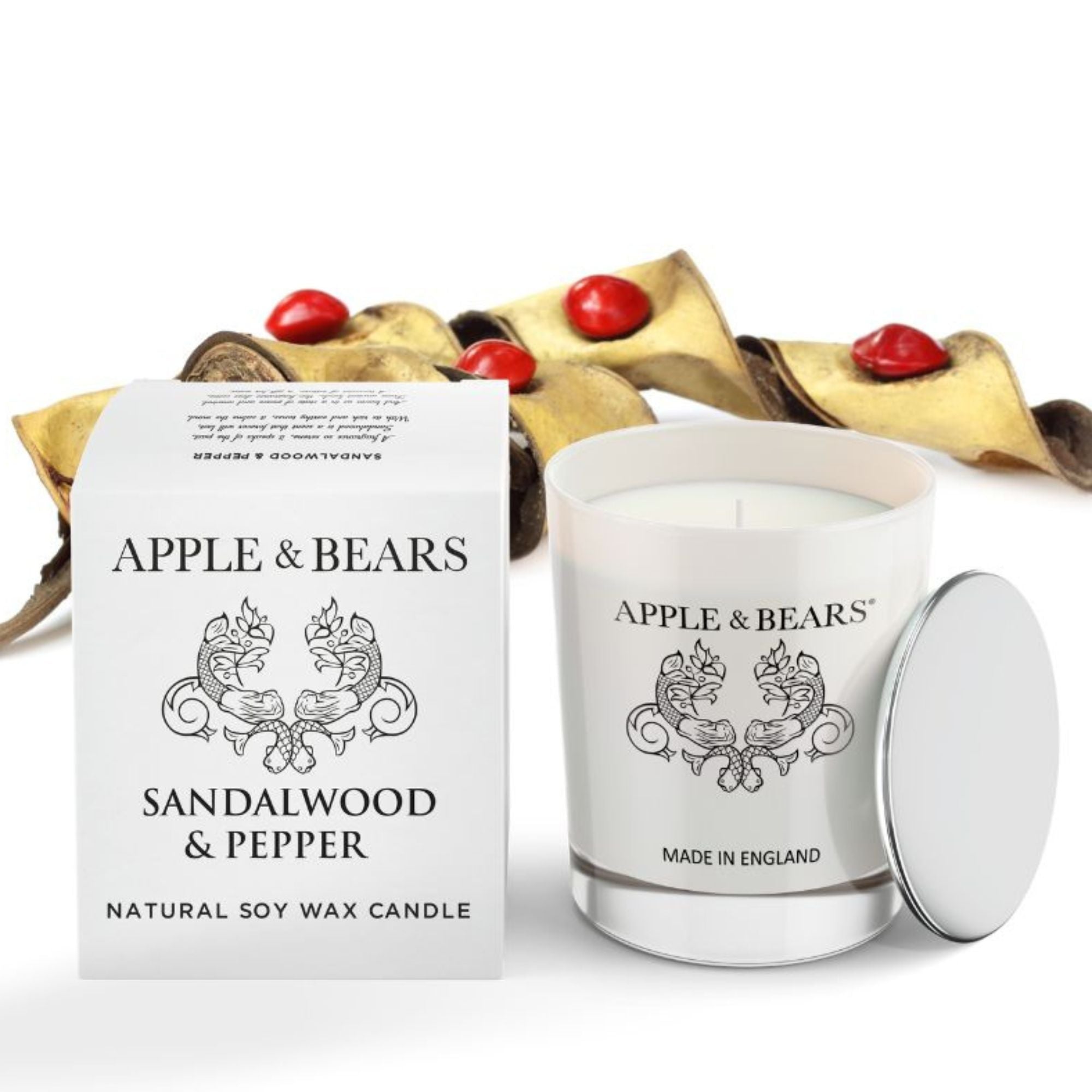 Individual 220g Apple & Bears Sandalwood & Pepper Luxury Soy Wax Candle with premium white frosted glass and silver lid, featuring natural pepper berry accents.
