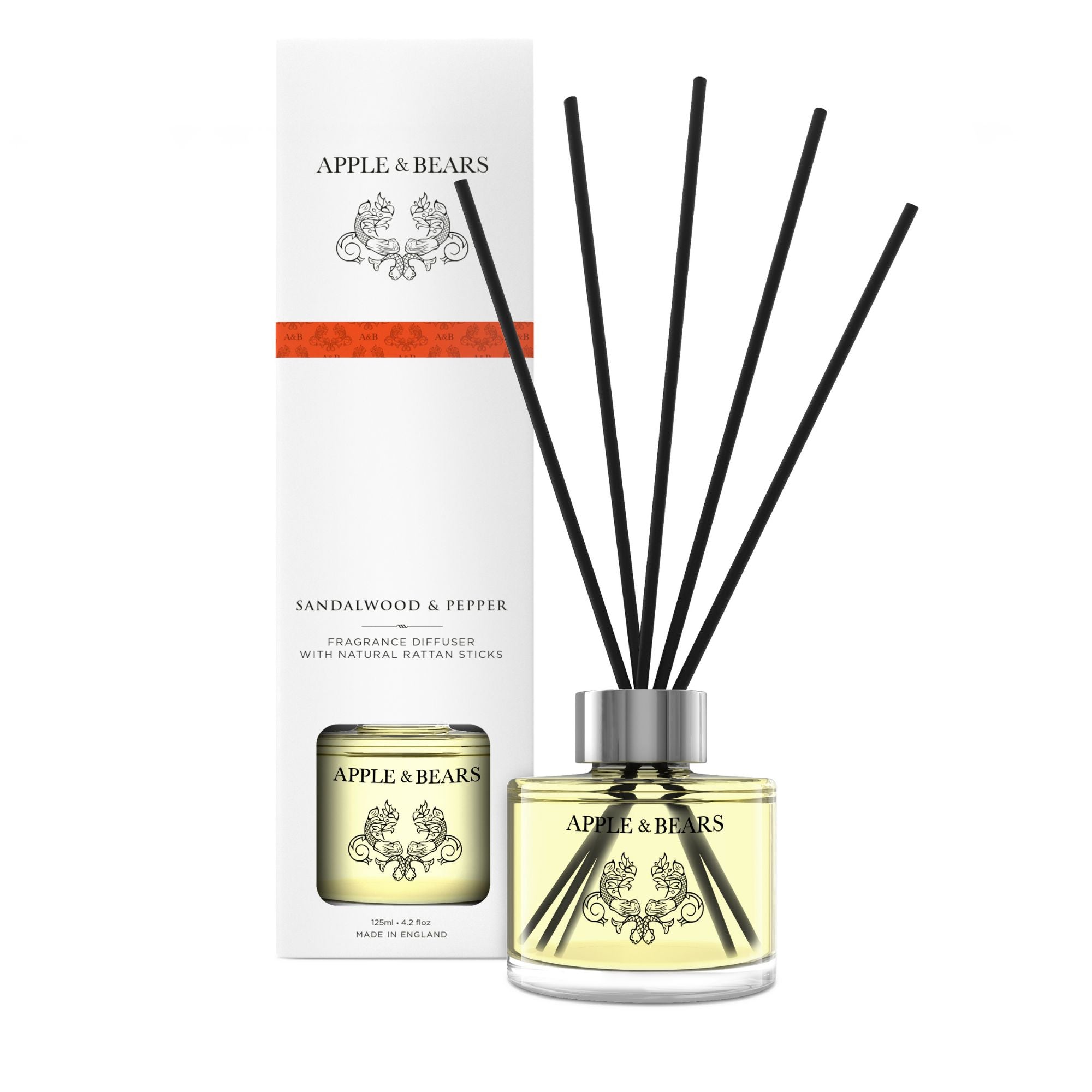 Individual 125ml Apple & Bears Sandalwood & Pepper Natural Reed Diffuser with premium black rattan reeds and luxury tall gift box packaging.
