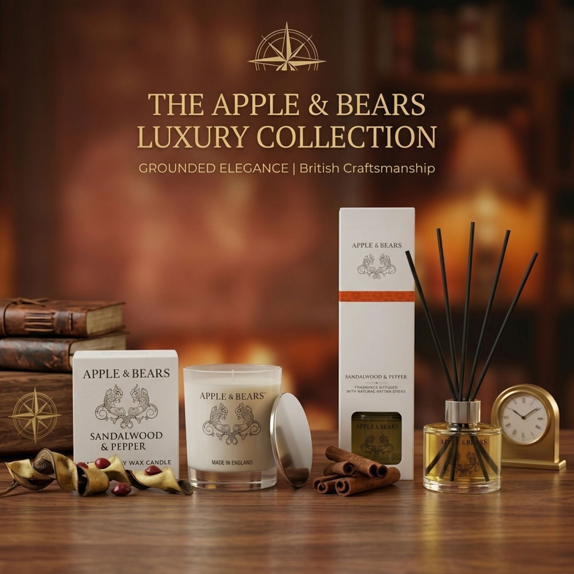 Luxury lifestyle display of the Apple & Bears Sandalwood & Pepper Home Gift Set featuring a luxury candle and reed diffuser in a warm, sophisticated study setting with British craftsmanship branding.