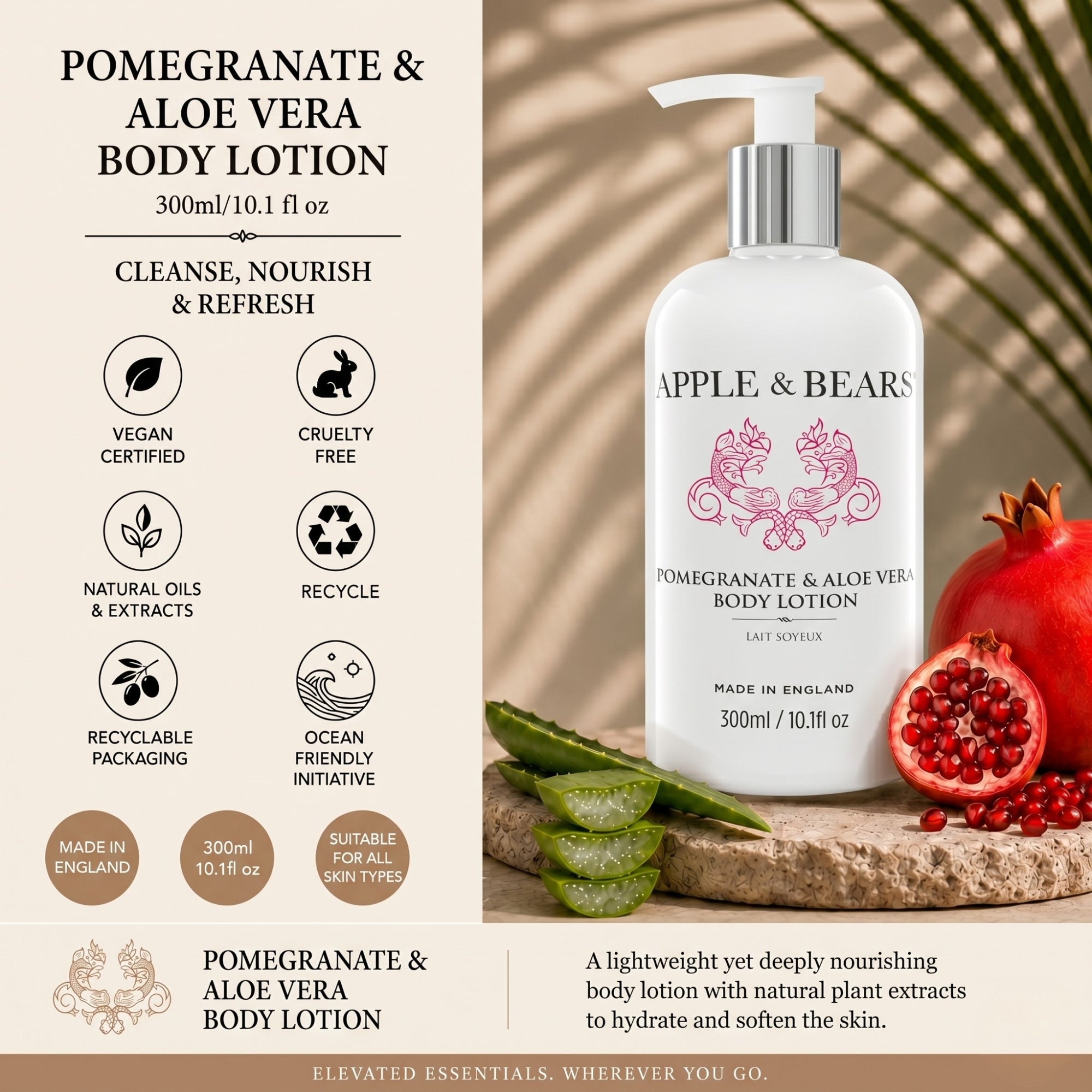 Apple and Bears Pomegranate and Aloe Vera Body Lotion 300ml infographic vegan cruelty free natural oils recyclable made in England