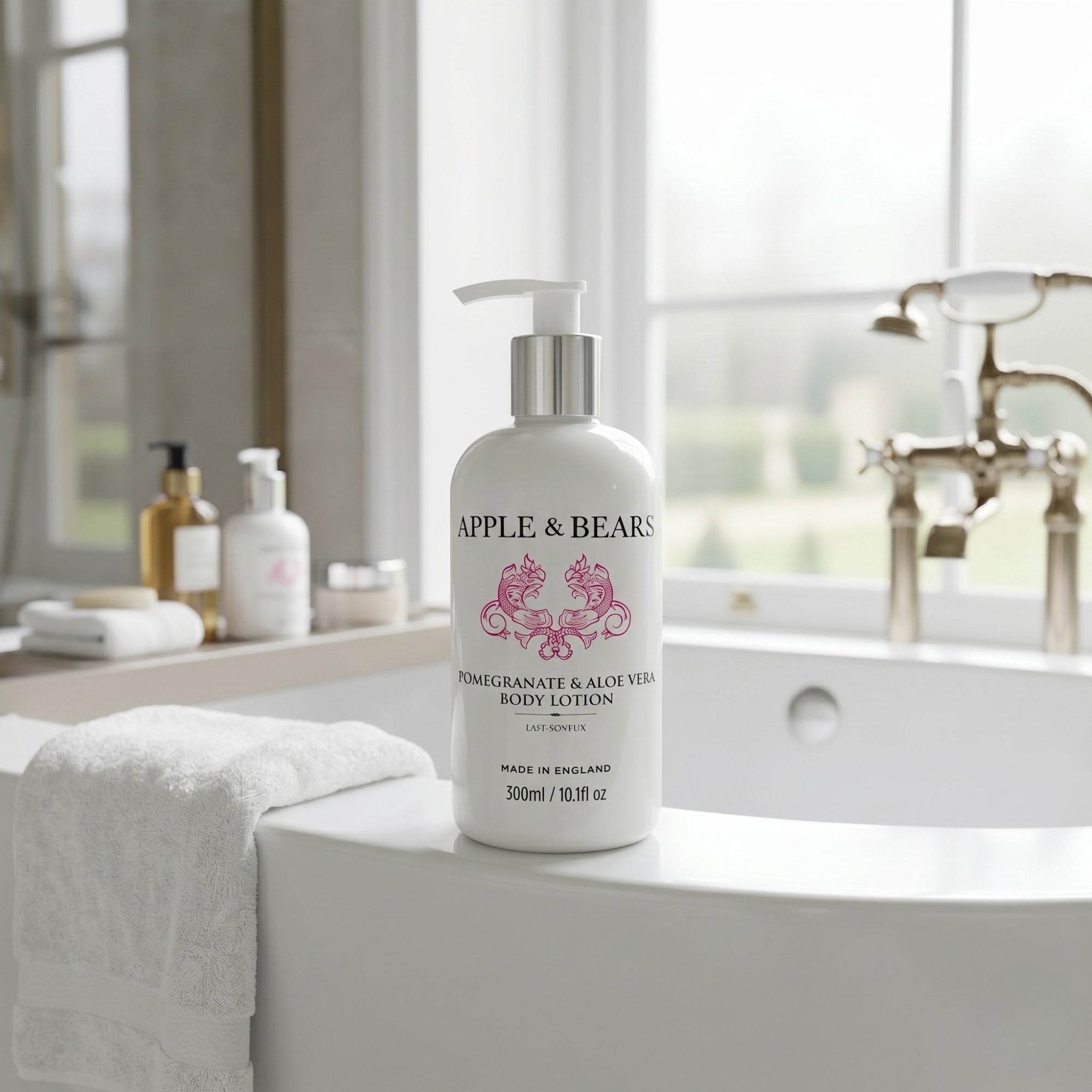 Apple and Bears Pomegranate and Aloe Vera Body Lotion 300ml on freestanding bath luxury spa bathroom made in England