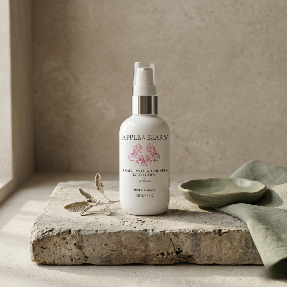 Apple and Bears Pomegranate and Aloe Vera Body Lotion 100ml premium stone plinth editorial lifestyle