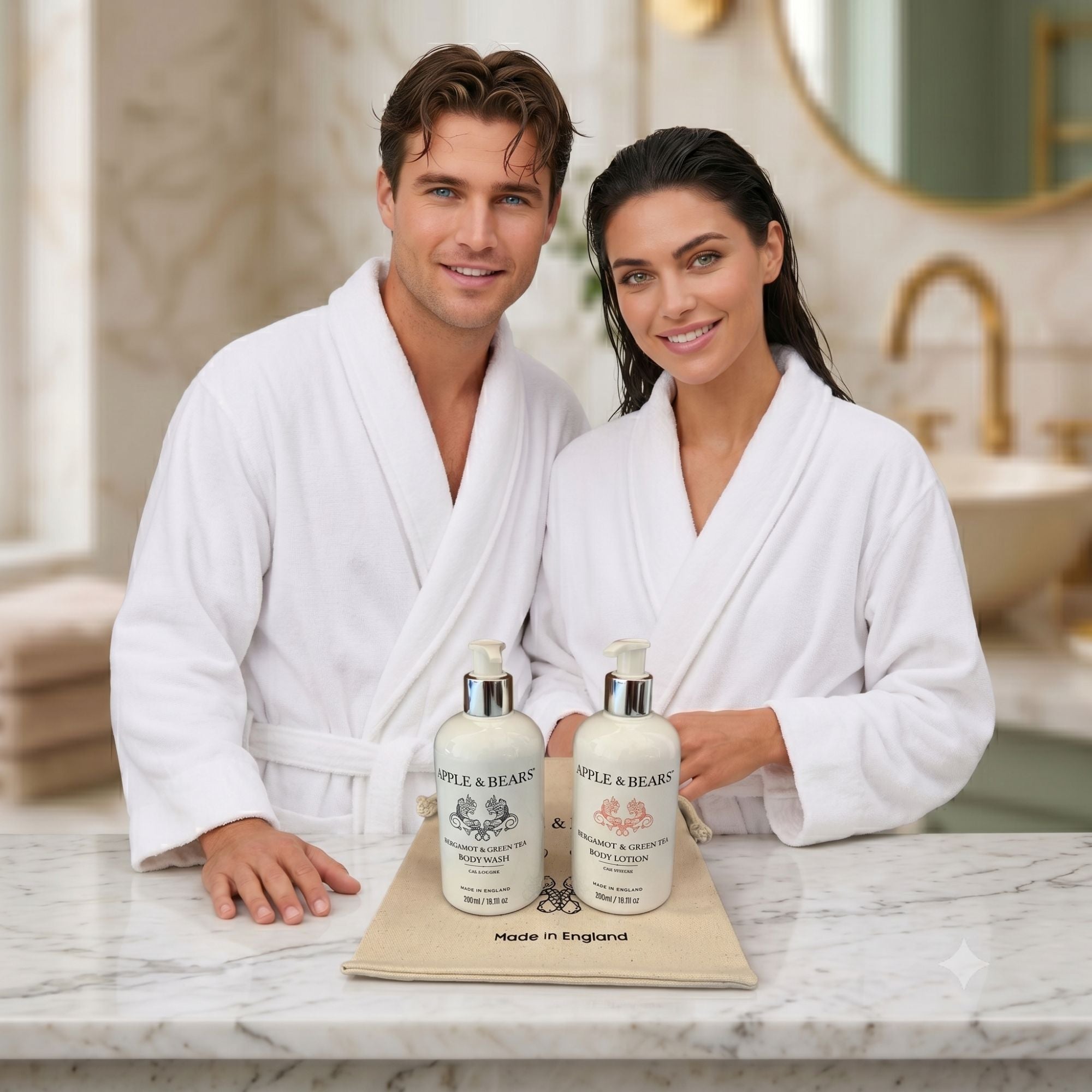 Apple & Bears Bergamot & Green Tea body wash and lotion couple in robes lifestyle