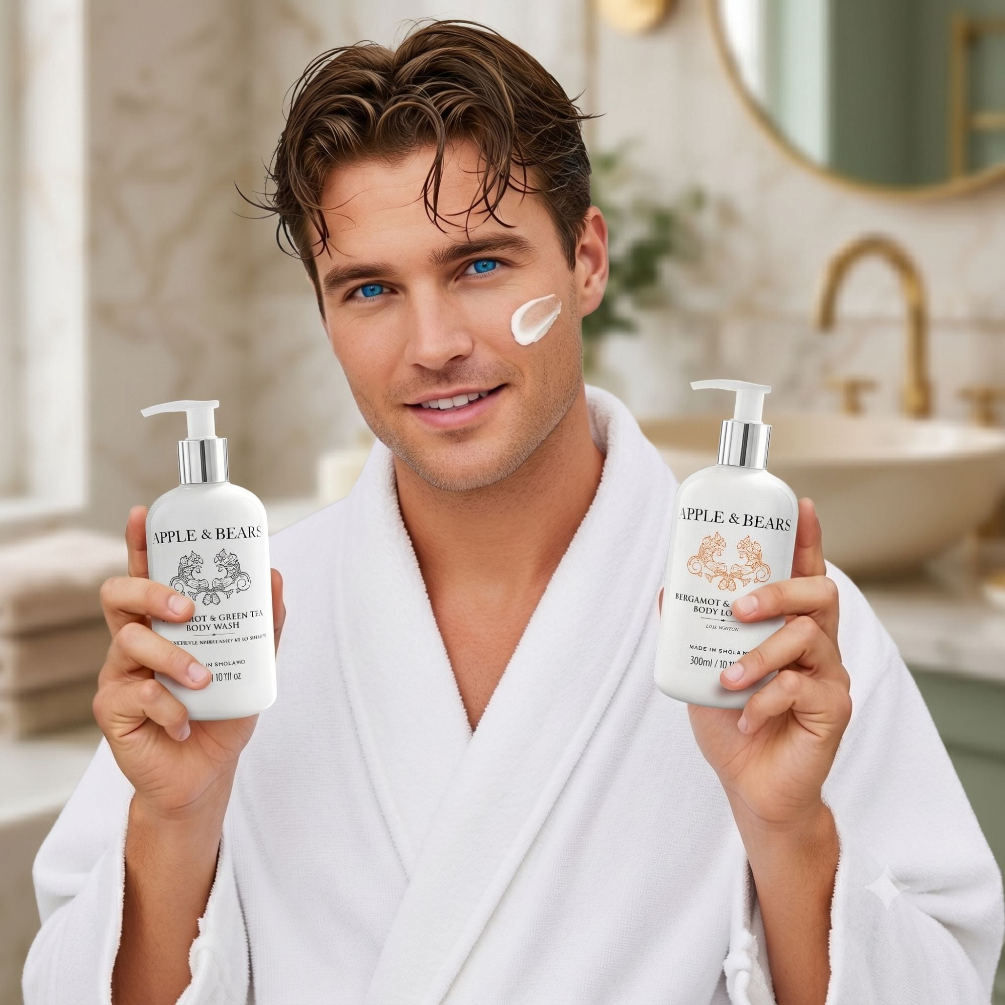 Apple & Bears Bergamot & Green Tea body wash and lotion man in robe lifestyle
