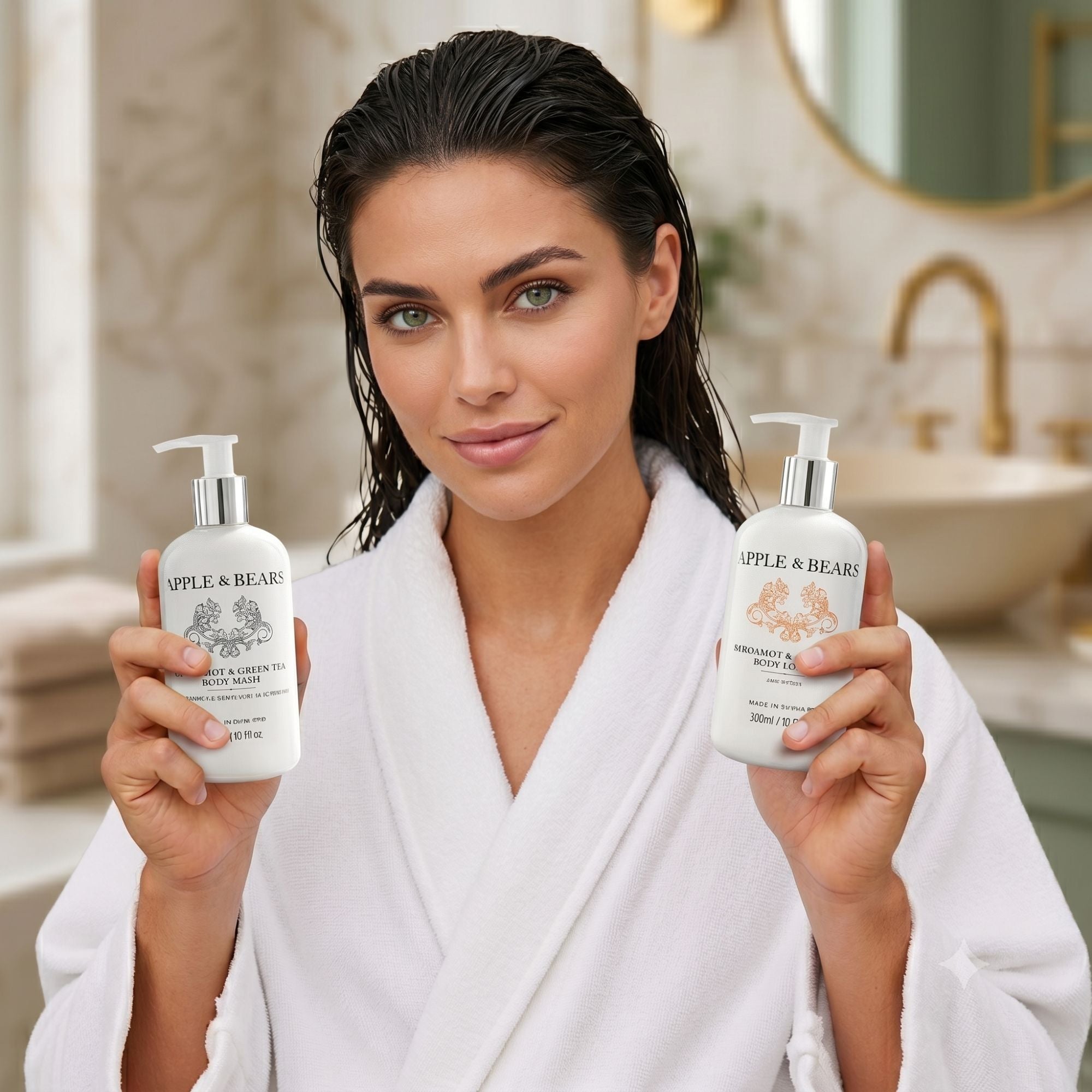 Apple & Bears Bergamot & Green Tea body wash and lotion woman in robe lifestyle