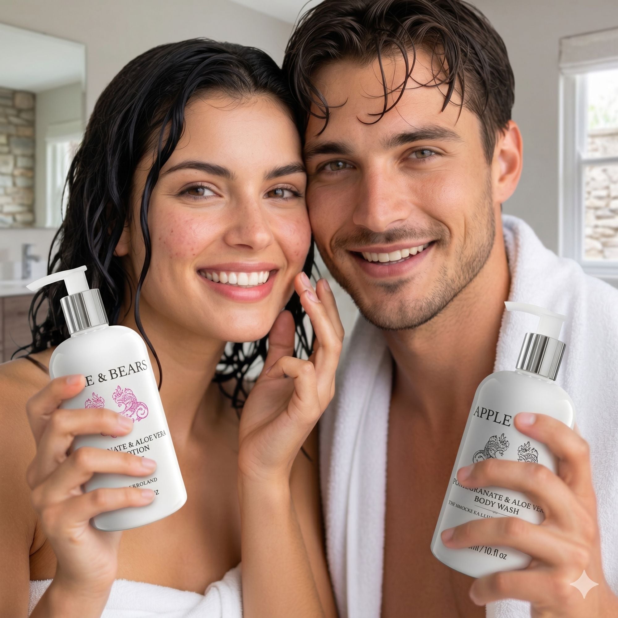 Apple & Bears Pomegranate & Aloe Vera body wash and lotion lifestyle couple shot