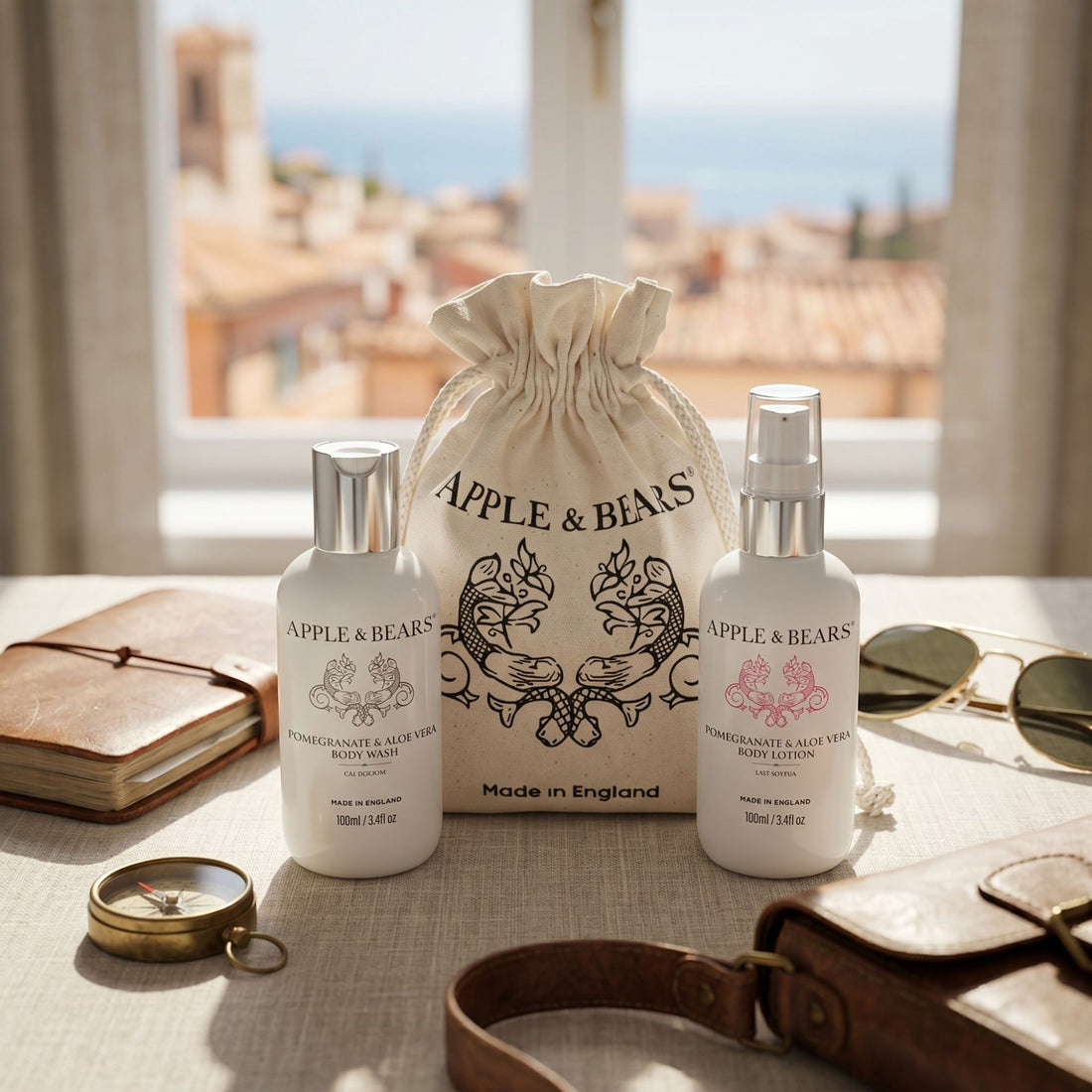 Apple & Bears Pomegranate & Aloe Vera Body Wash & Lotion 100ml Travel Set with Eco Cotton Drawstring Bag ā Natural Skincare Made in England