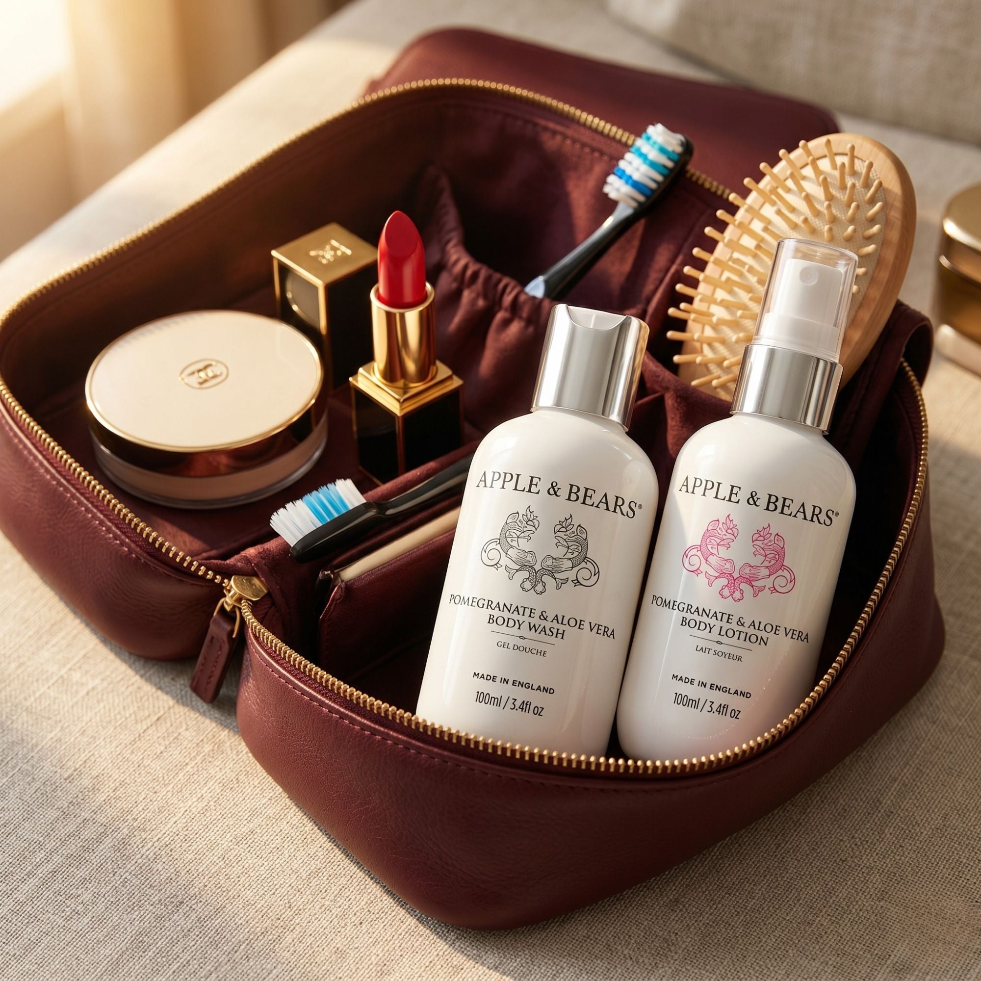 Apple & Bears Pomegranate & Aloe Vera Body Wash & Lotion 100ml packed in a luxury travel wash bag – natural skincare made in England