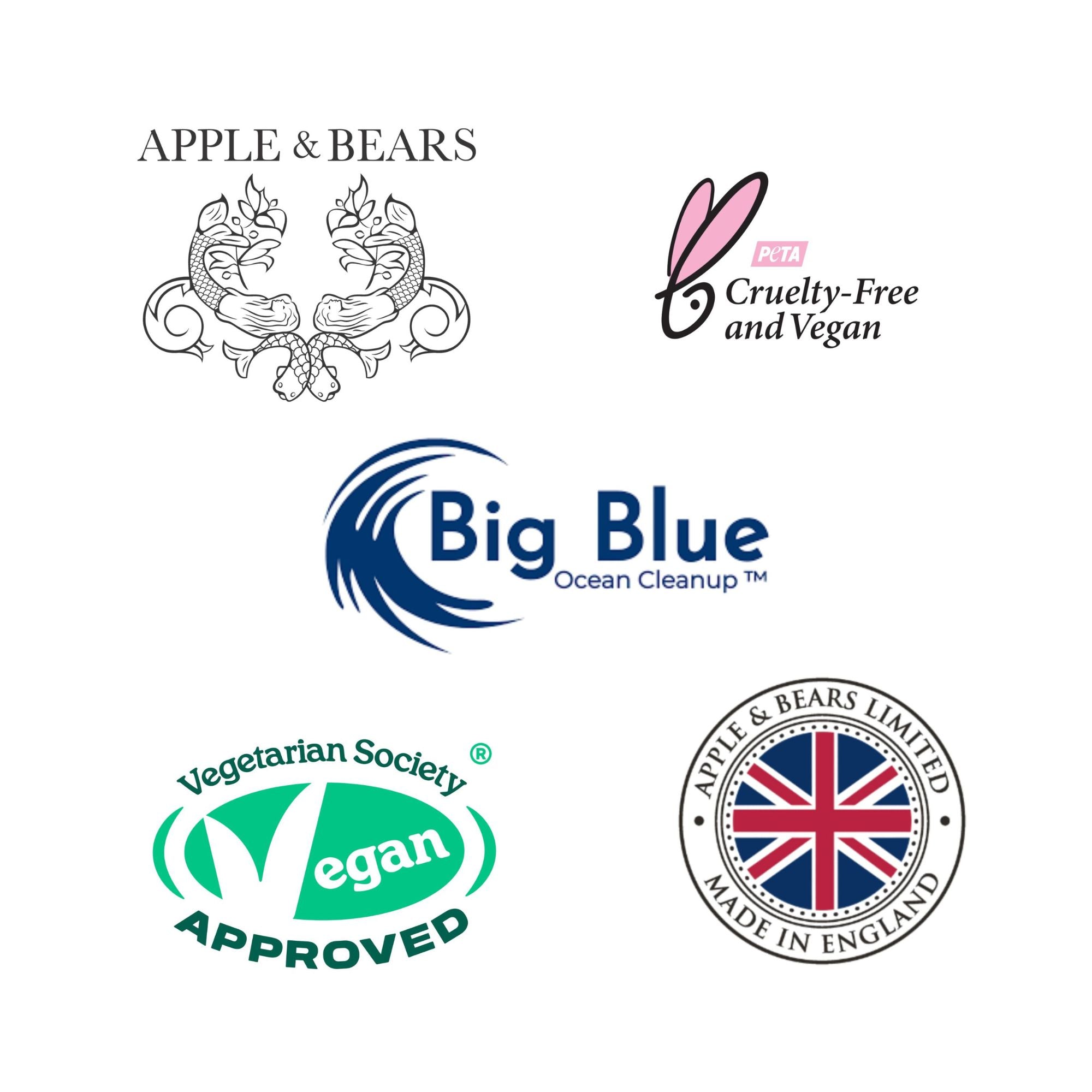 Apple & Bears certifications — Vegetarian Society Vegan Approved, PETA cruelty-free, Big Blue Ocean Cleanup, Made in England