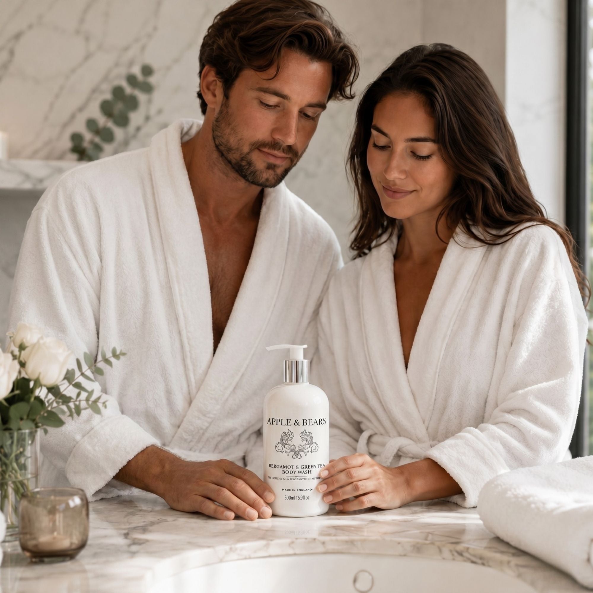 Bergamot & Green Tea body wash 500ml couple in bathrobes holding bottle – Apple & Bears