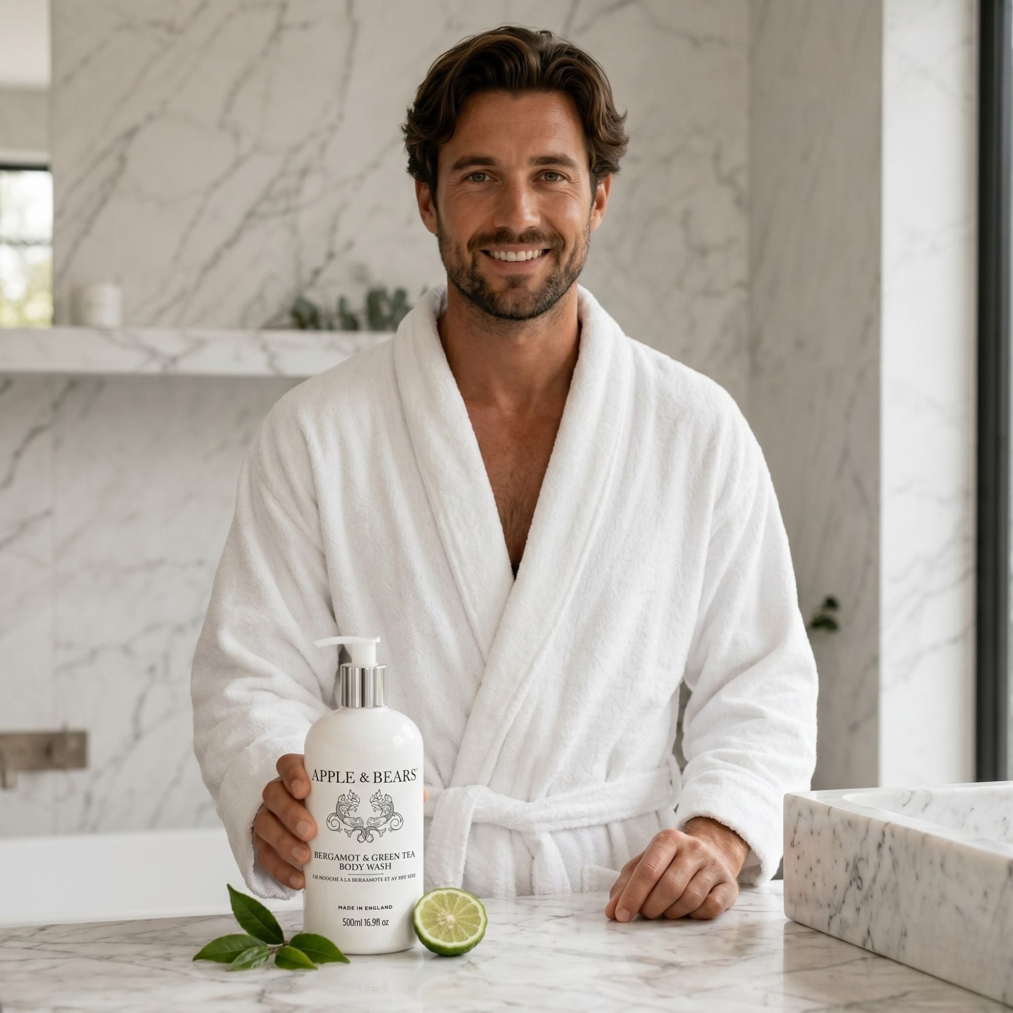 Bergamot & Green Tea body wash 500ml man in bathrobe holding bottle – Apple & Bears