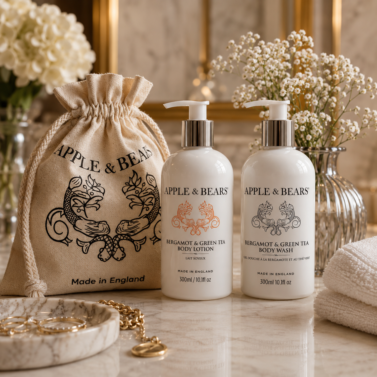 Apple & Bears Bergamot & Green Tea Body Wash & Lotion 300ml Gift Set for Women with eco cotton drawstring bag on marble dressing table, Made in England