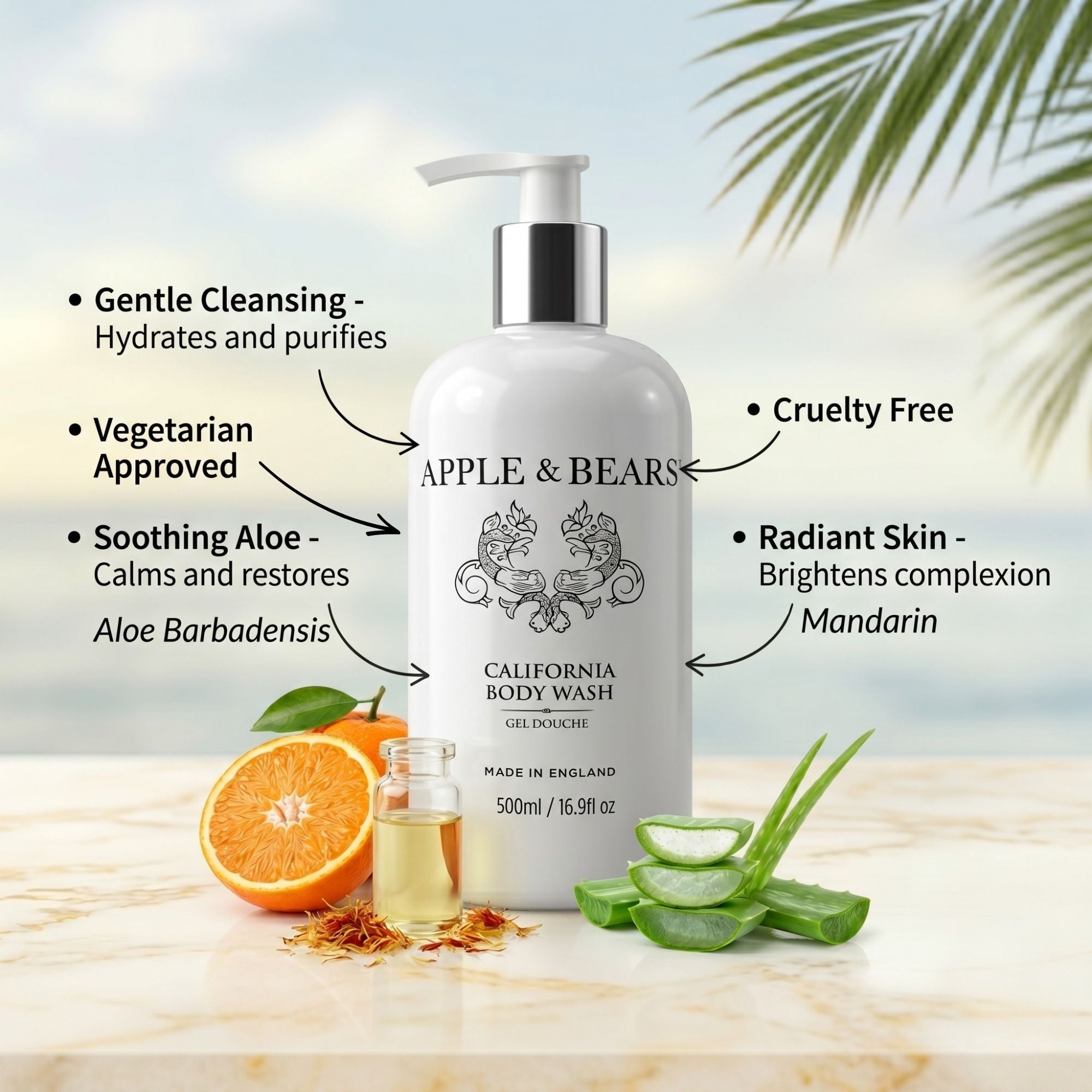 Apple & Bears California Body Wash 500ml – luxury natural body wash with soothing aloe and mandarin, cruelty free, made in England