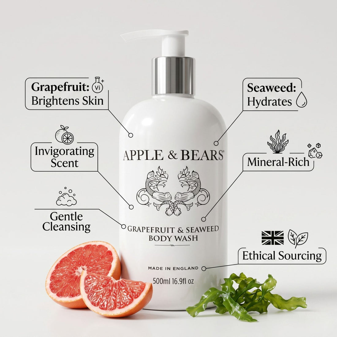 Grapefruit & Seaweed body wash 500ml key benefits infographic – Apple & Bears