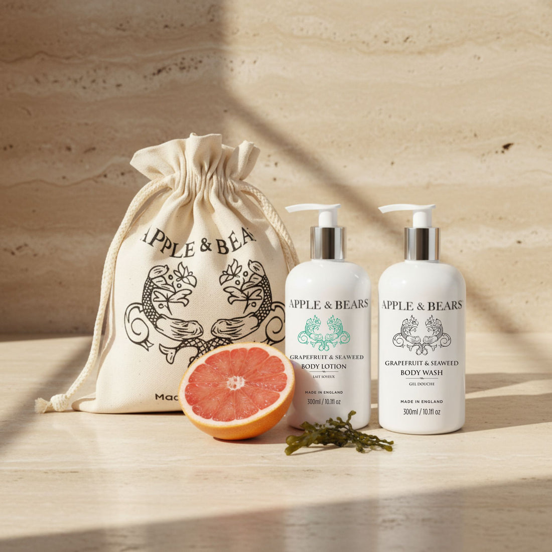 Apple & Bears Grapefruit & Seaweed Body Wash & Lotion 300ml Gift Set with eco cotton drawstring bag, Made in England – luxury spa lifestyle