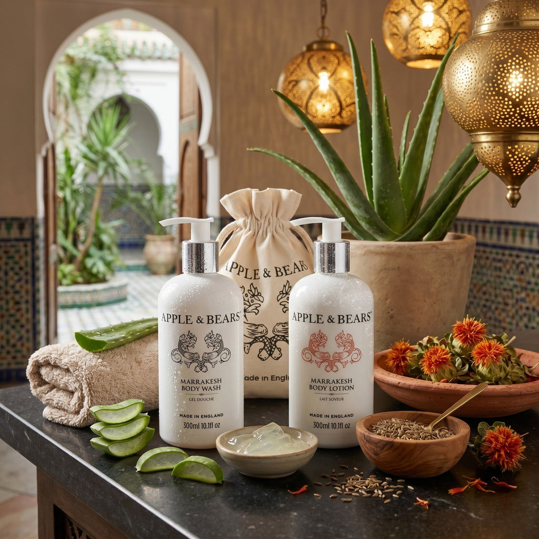 Marrakesh gift set body wash and lotion 300ml lifestyle shot Moroccan flat lay with botanicals – Apple & Bears