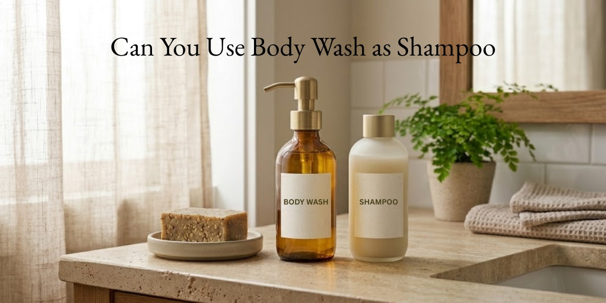 Body wash and shampoo bottles alongside a soap bar on a bathroom counter — illustrating the evolution of cleansing and the question of whether body wash can be used as shampoo