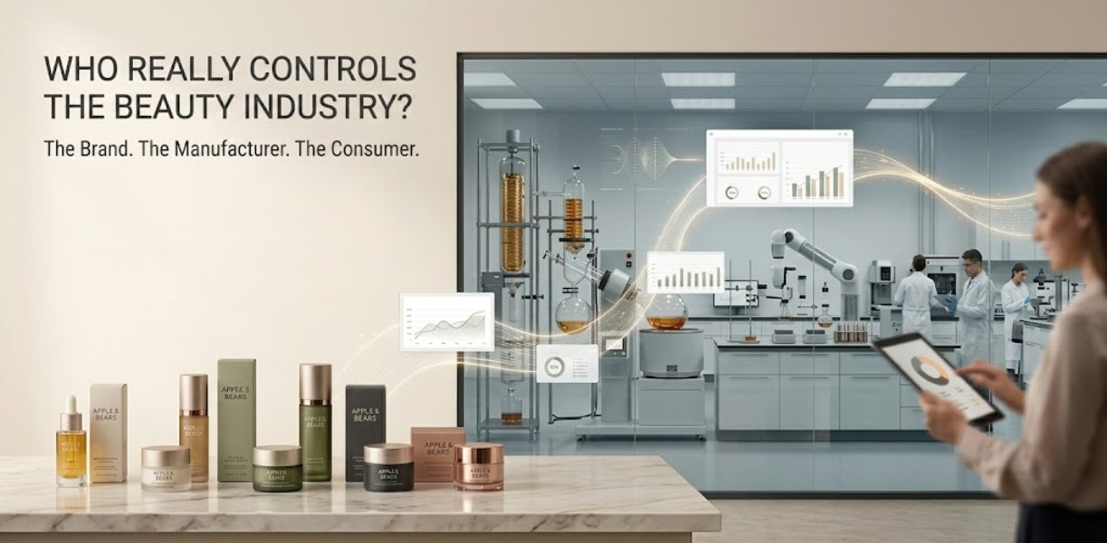 Who really controls the beauty industry — APPLE & BEARS products displayed alongside a modern beauty laboratory, illustrating the relationship between brands, manufacturers and technology