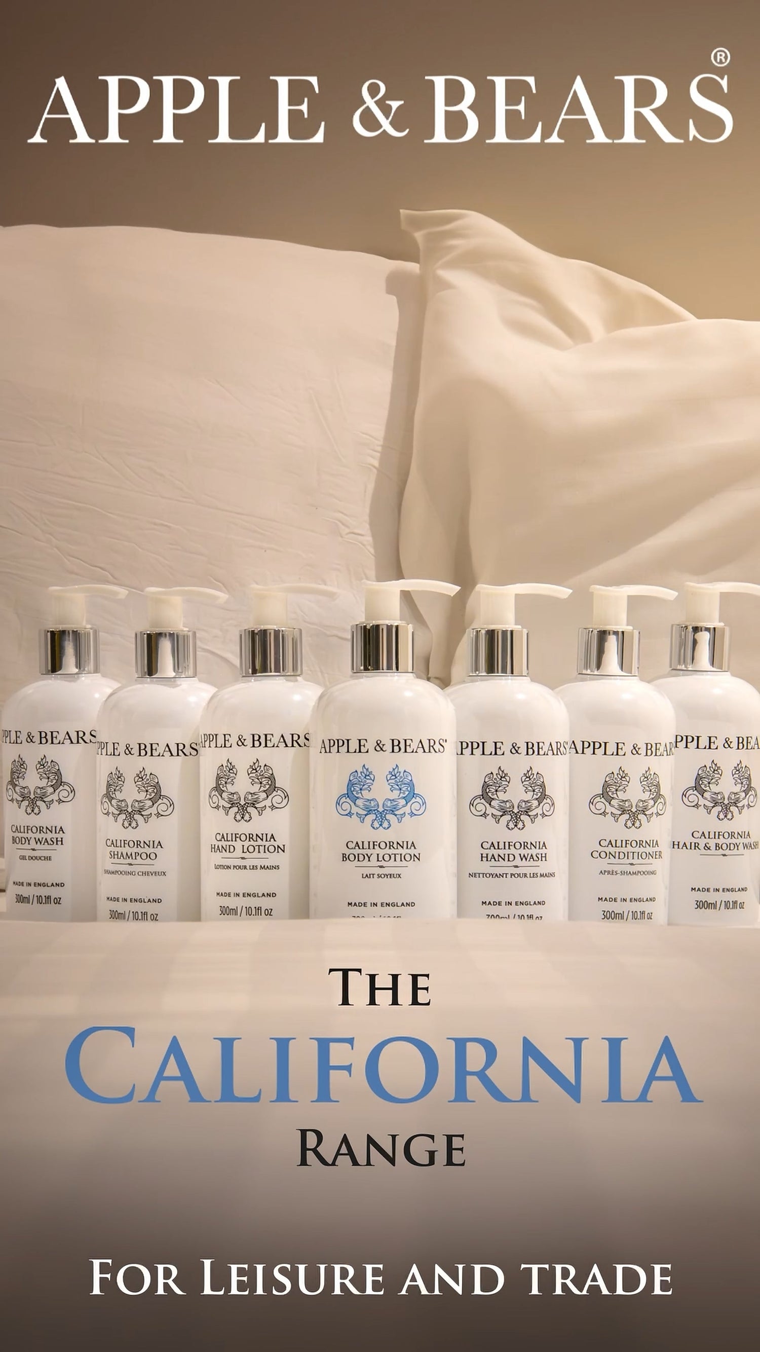 Apple & Bears California Body Lotion and skincare products styled on a bed — premium certified organic self-care, made in England.