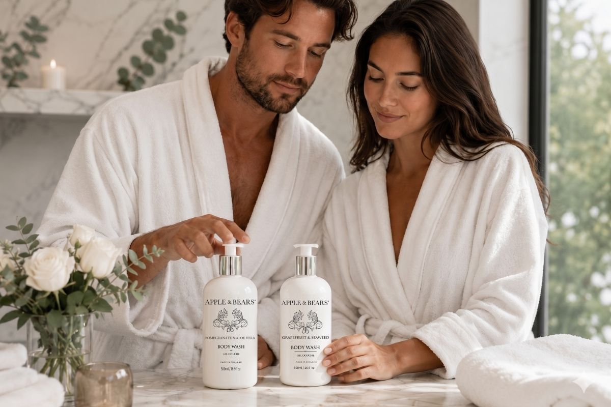 Couple in white robes at a marble bathroom counter with Apple & Bears Pomegranate & Aloe Vera and Grapefruit & Seaweed Body Wash 500ml — natural sulphate-free body wash made in England.