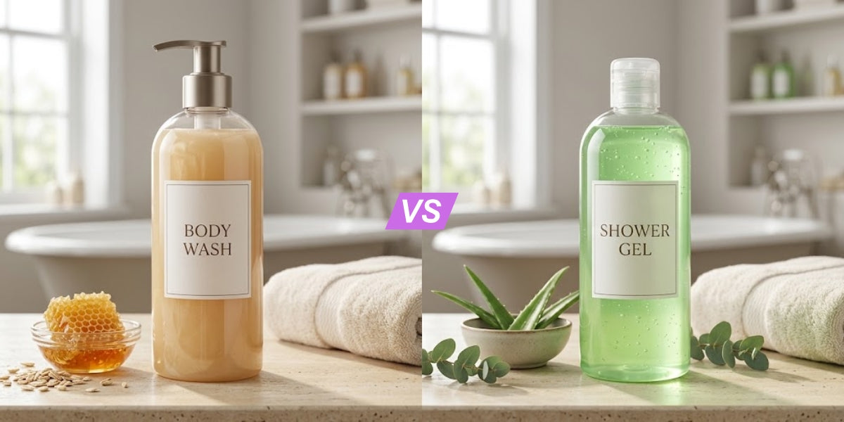 Body wash vs shower gel side-by-side comparison showing a pump bottle of body wash on the left and a clear bottle of shower gel on the right, set in a bright bathroom with natural ingredients