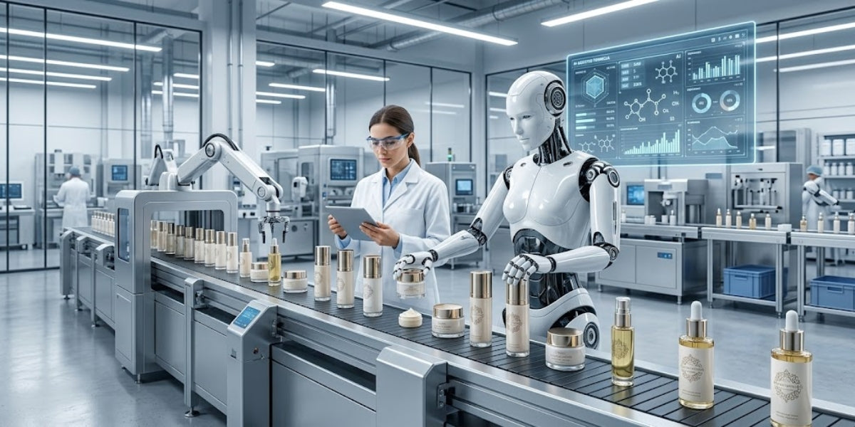 A female scientist in a white lab coat works alongside an AI humanoid robot on a luxury beauty product production line, with molecular data and analytics displayed on a holographic screen in the background