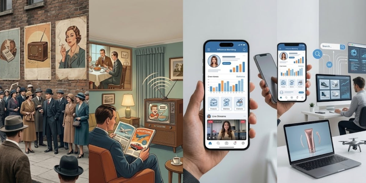 The evolution of marketing — from print and broadcast advertising to modern digital channels. Image: APPLE & BEARS