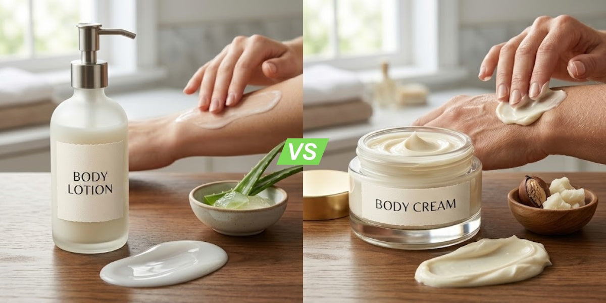 Body lotion vs body cream side-by-side comparison showing a pump bottle of body lotion on the left and an open jar of body cream on the right, with hands applying each product