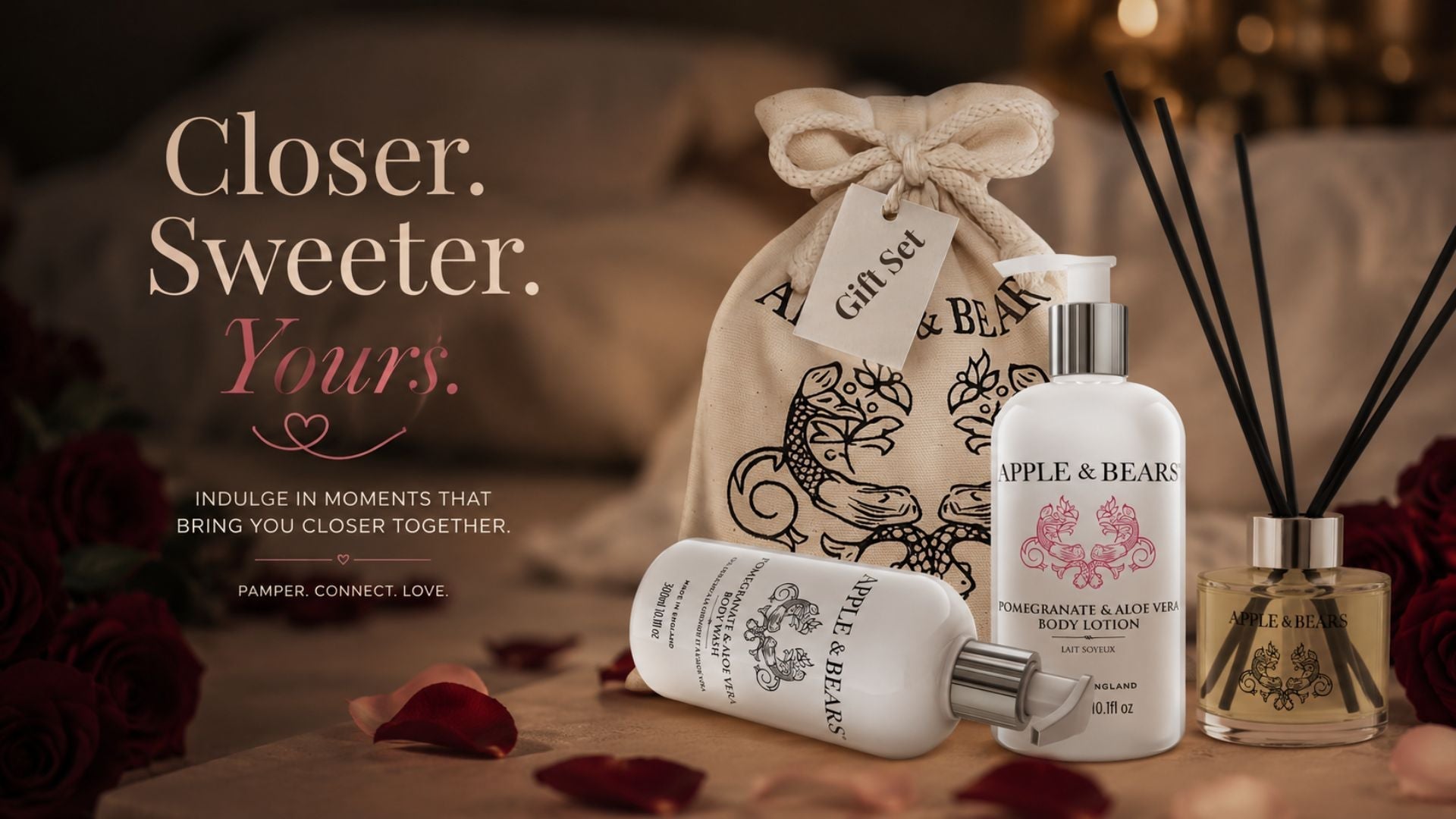 An elegant multi-product display showcasing an authentic Apple and Bears luxury certified organic Pomegranate body care gift set and premium Lavender reed diffuser beautifully arranged for inclusive Valentine's Day gifting.