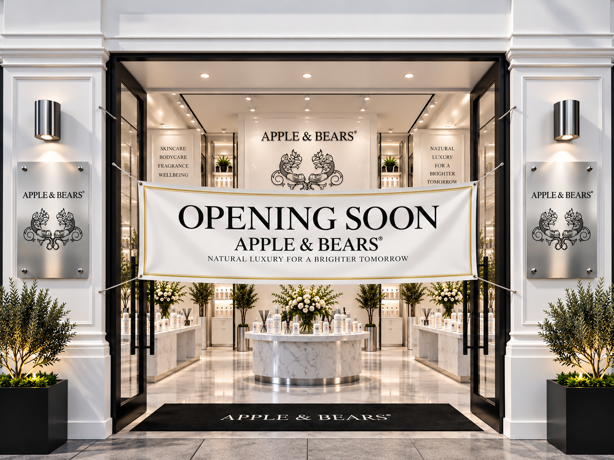 AI-generated concept of a virtual APPLE & BEARS luxury body-care store, featuring white marble displays, branded skincare products, elegant lighting and an Opening Soon banner, illustrating the future of retail in an AI-driven world.