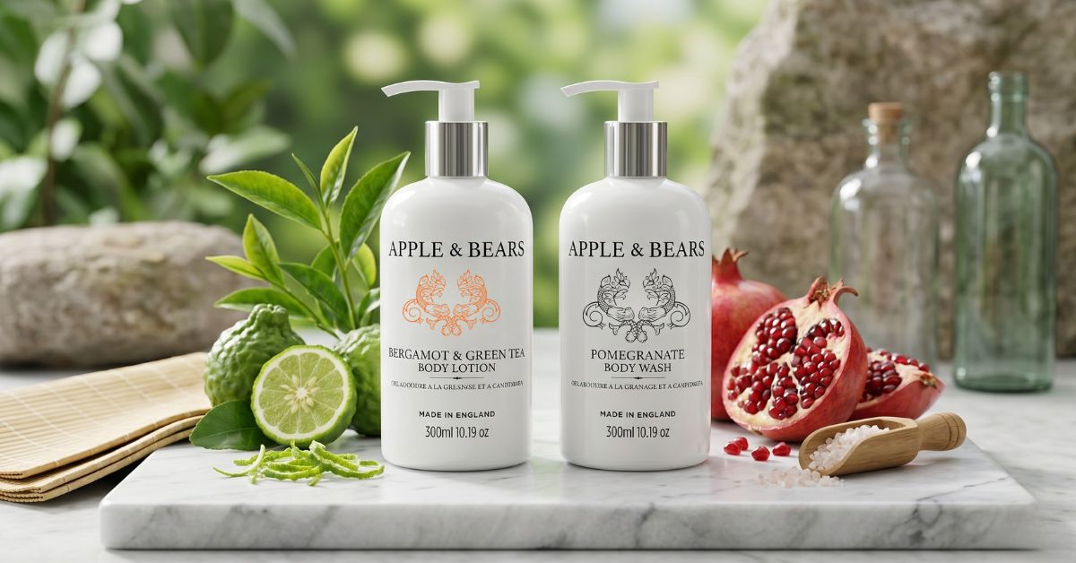Apple & Bears luxury natural body care collection featuring Bergamot, Green Tea, and Pomegranate on a marble display with fresh ingredients.