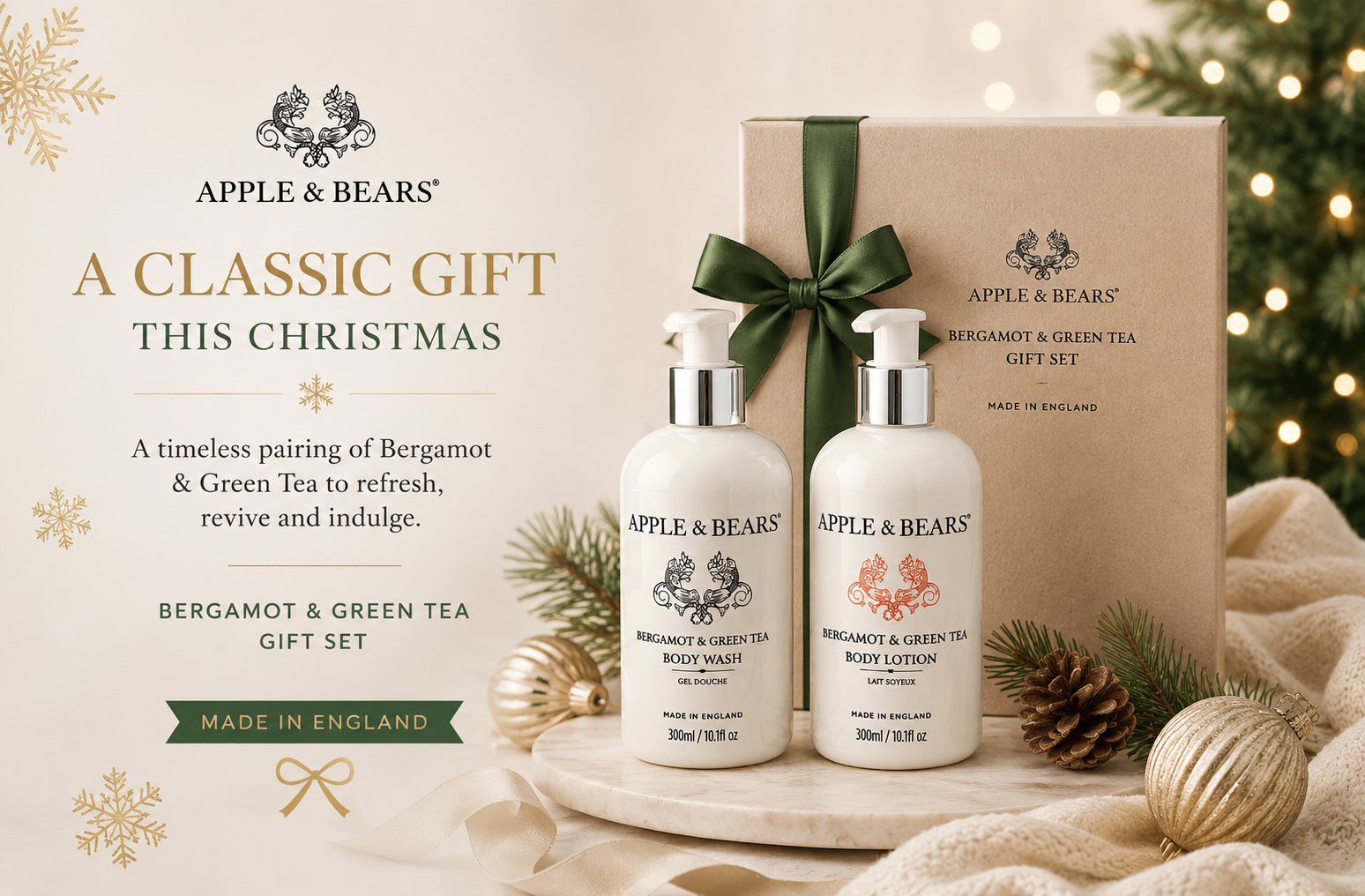 A premium Apple and Bears Christmas holiday gift campaign display showcasing the full-size 300ml Bergamot and Green Tea body wash and lotion gift set next to a kraft box with a green ribbon bow.