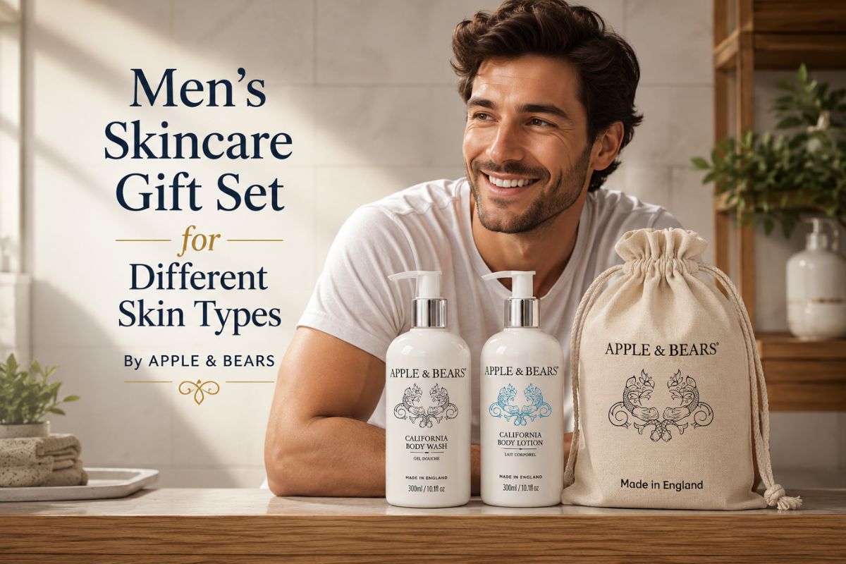 Apple & Bears Men's Skincare Gift Set — California Body Wash and Body Lotion 300ml with eco cotton drawstring bag, made in England. Natural plant-based skincare gift for men.
