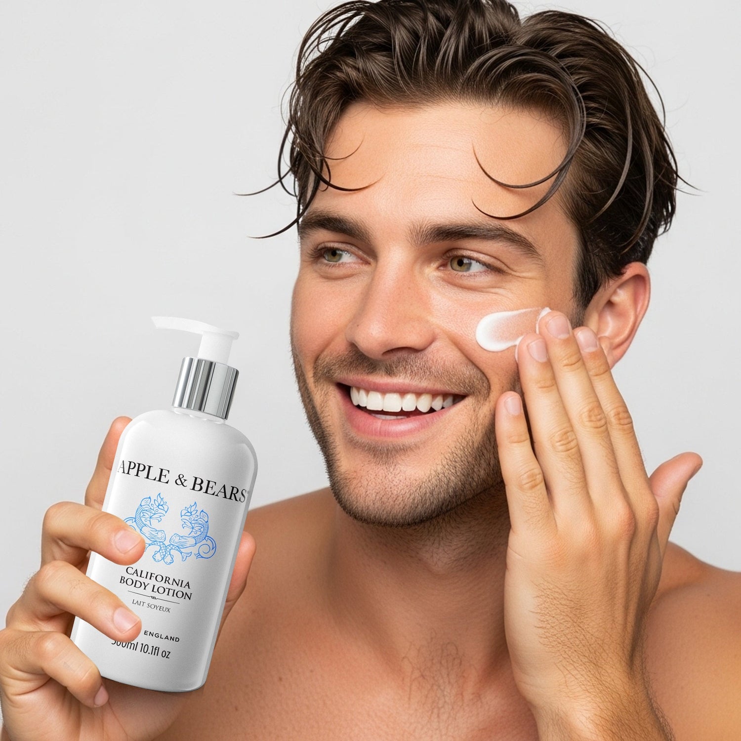 Man applying Apple & Bears California Body Lotion — premium men's skincare routine, made in England
