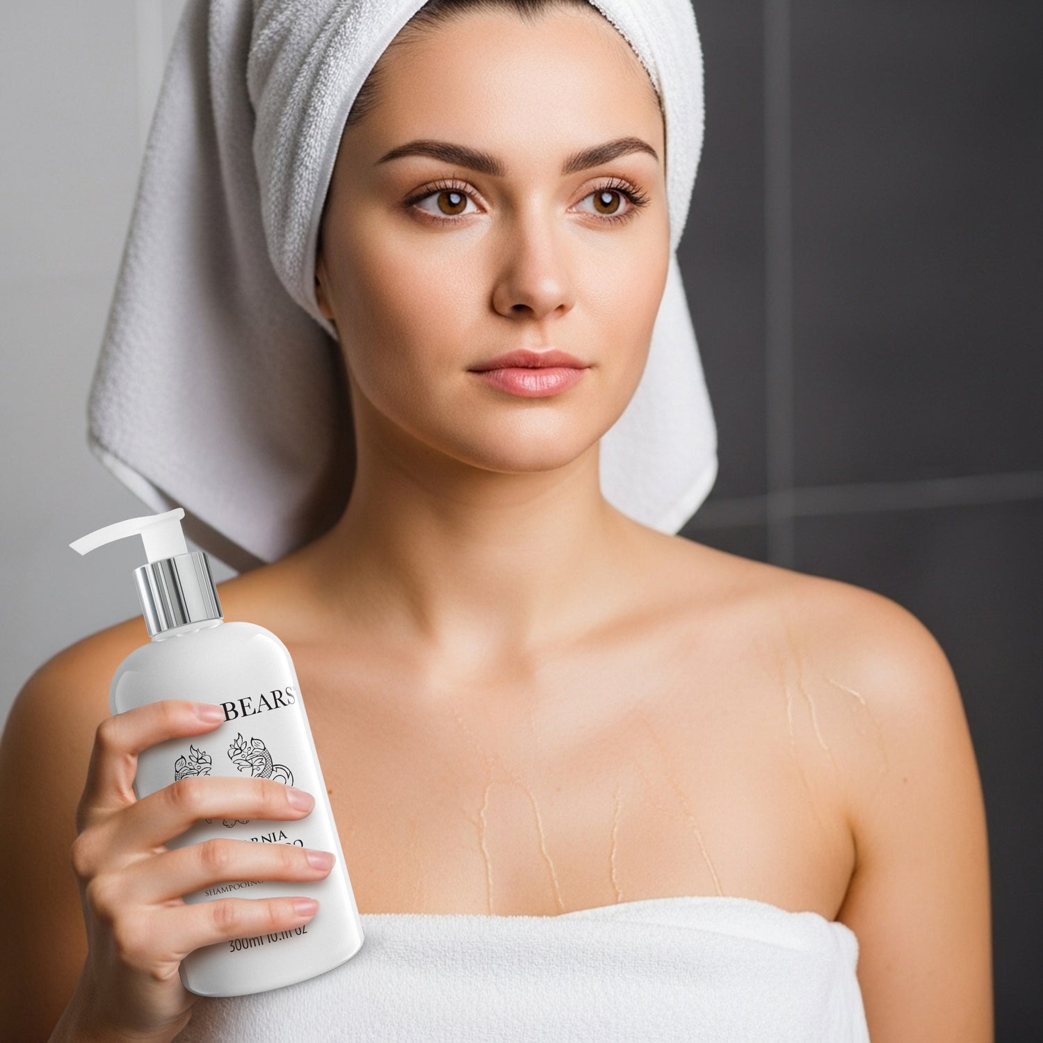 Woman with hair wrapped in a white towel holding Apple & Bears California Citrus Daily Shampoo — natural sulphate-free hair care made in England