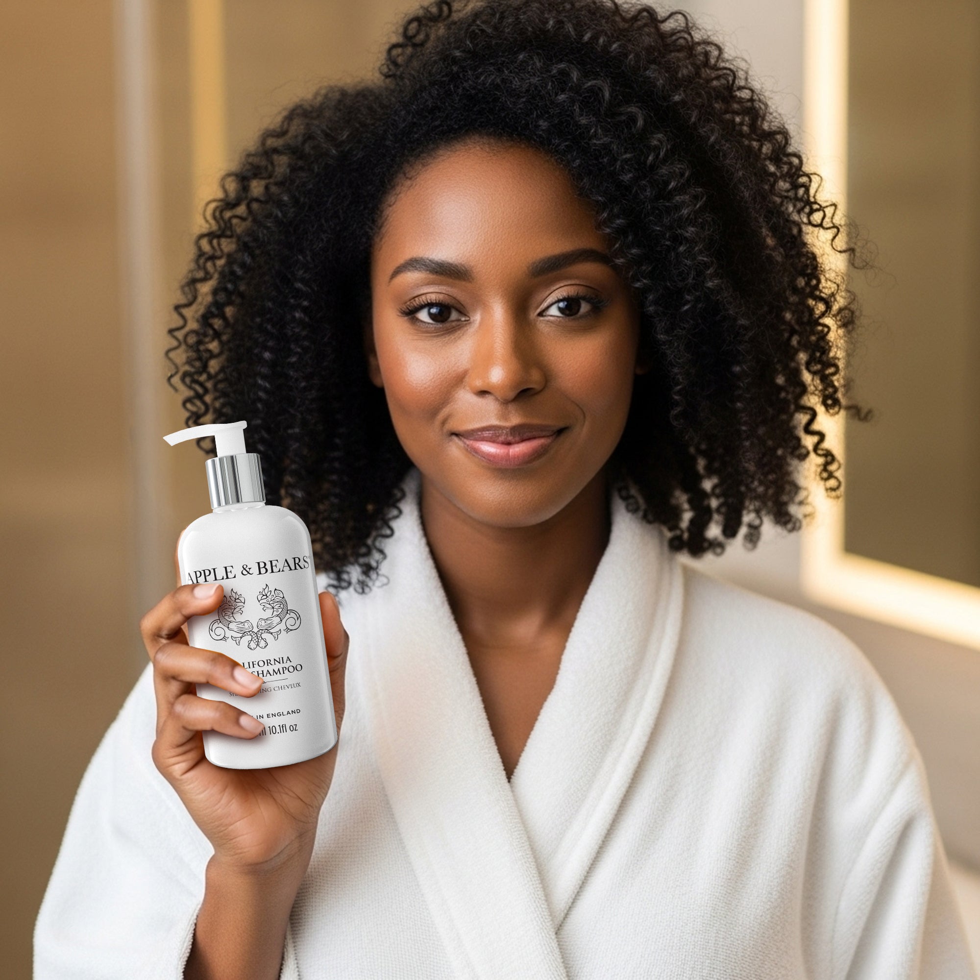 Woman in white robe with natural curly hair holding Apple & Bears California sulphate-free shampoo 300ml — premium natural hair care, made in England.