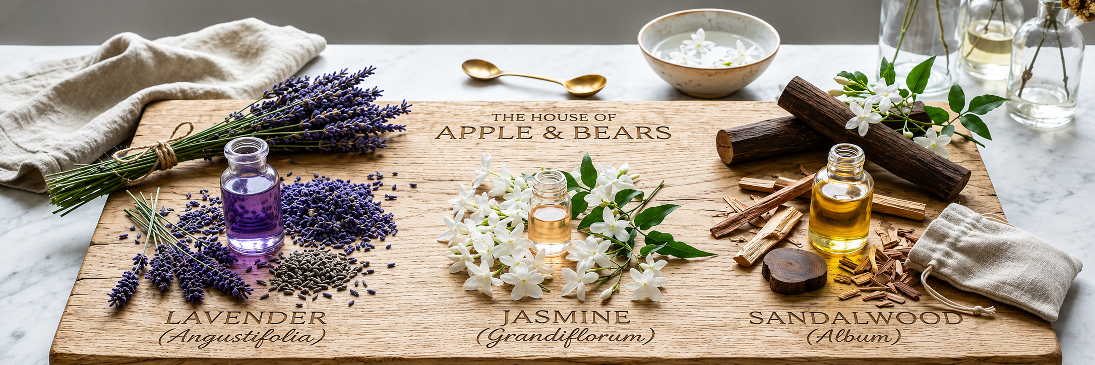 Luxury home fragrance ingredients flatlay by Apple and Bears featuring fresh grapefruits, bergamot limes, pomegranates and botanicals — natural reed diffuser collection made in the UK.