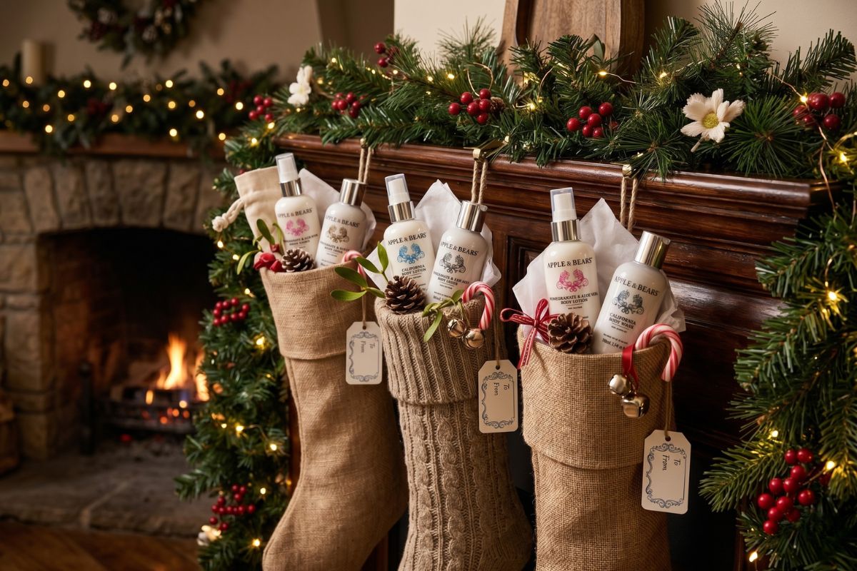Apple & Bears 100ml travel-sized body wash and body lotion bottles tucked into Christmas stockings by a fireplace — luxury skincare stocking fillers, made in England.