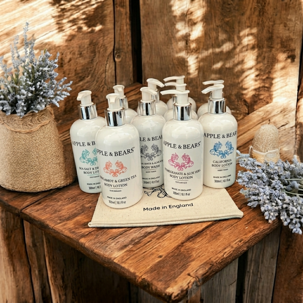 Apple & Bears luxury eco-friendly gift sets and natural body care collection on a rustic wooden display