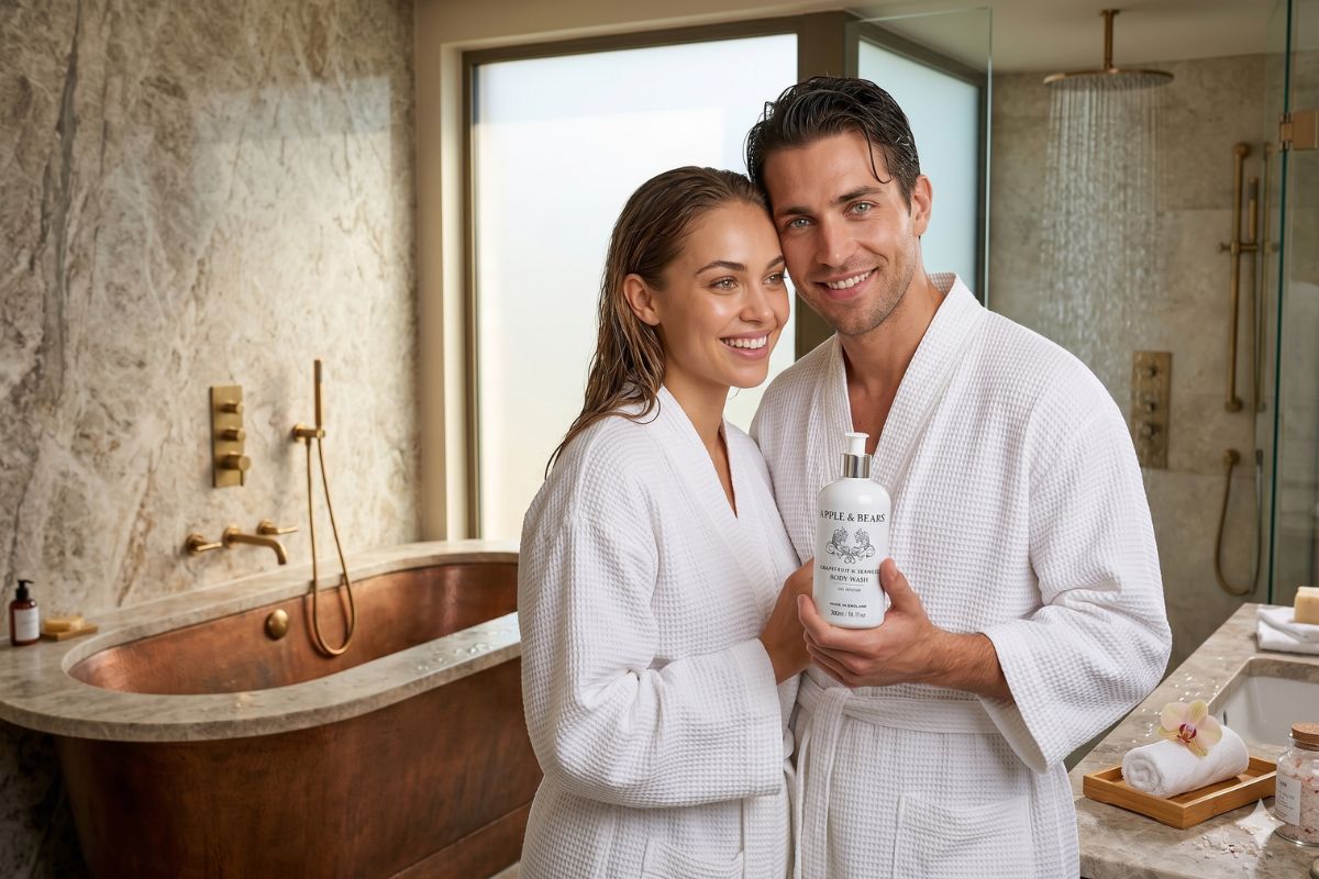 Couple in white spa robes holding Apple & Bears Grapefruit & Seaweed Body Wash in a luxury marble bathroom with copper bath — natural sulphate-free bodycare made in England.
