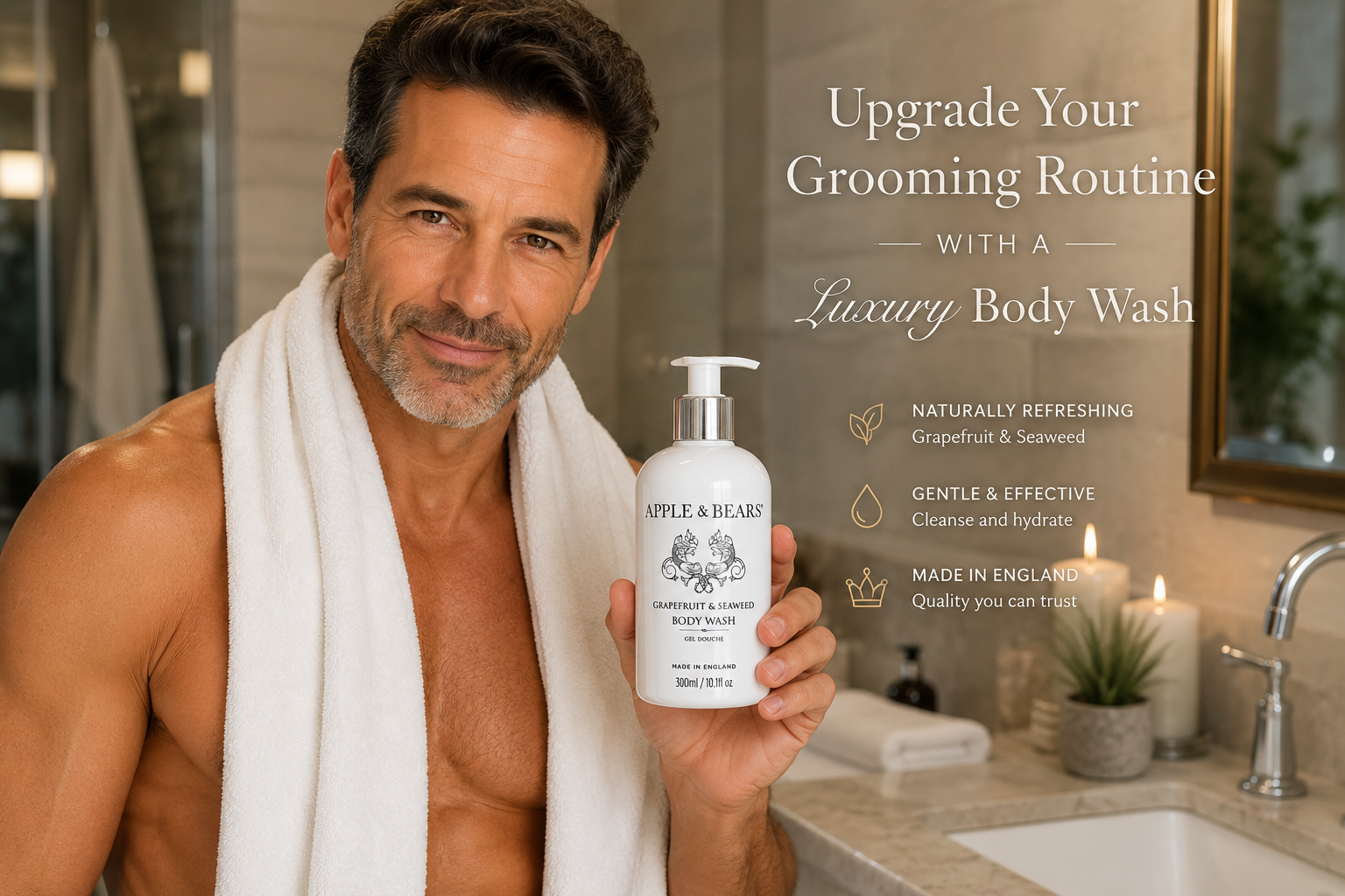 Man smiling confidently holding Apple & Bears Grapefruit & Seaweed Body Wash — natural sulphate-free men's bodycare made in England
