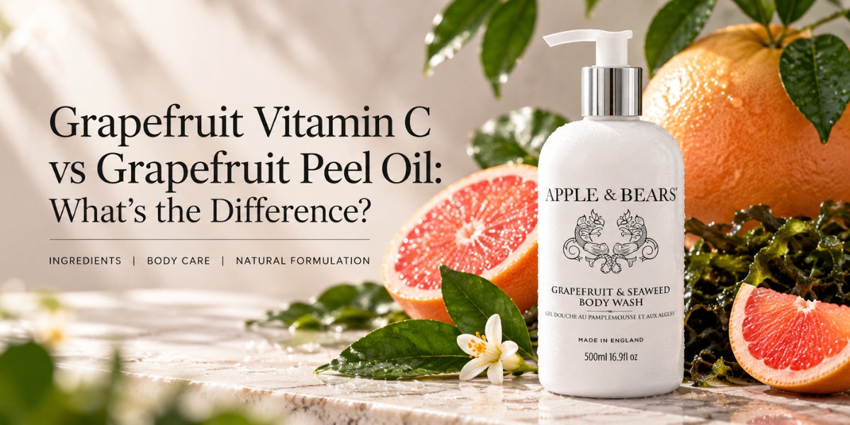 APPLE & BEARS Grapefruit & Seaweed Body Wash 500ml with fresh grapefruit and botanicals, illustrating Grapefruit Peel Oil vs Vitamin C in body care.