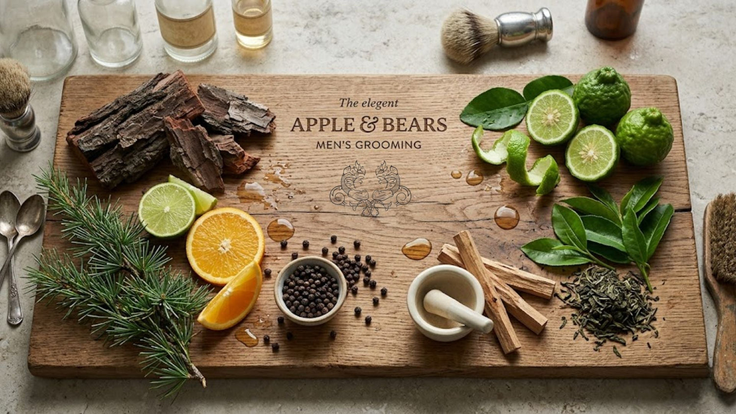 Apple & Bears Men's Grooming ingredients: California Cedarwood bark, Bergamot citrus, Green Tea leaves, and Black Pepper on a rustic wooden board.