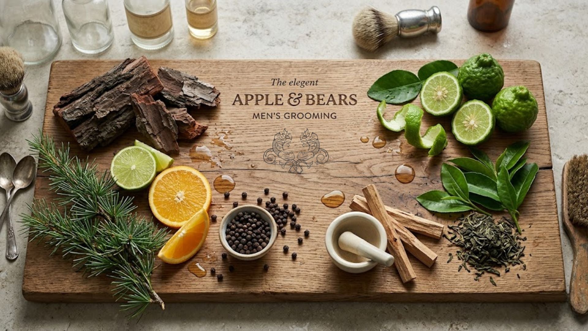 Apple & Bears Men's Grooming ingredients: California Cedarwood bark, Bergamot citrus, Green Tea leaves, and Black Pepper on a rustic wooden board.