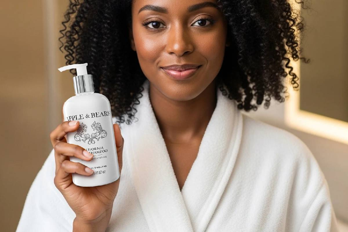 An elegant woman in a white luxury spa robe holding a bottle of Apple and Bears California natural organic shampoo in a sunlit bathroom setting.