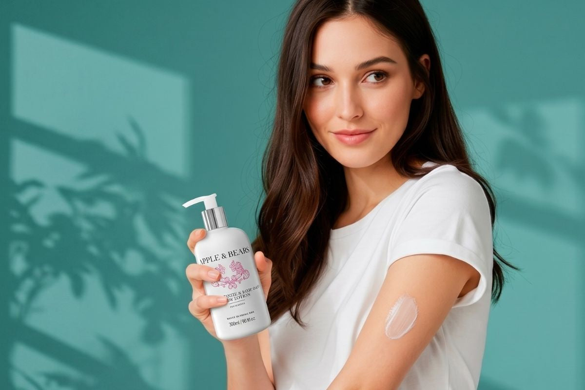 Woman in white t-shirt holding Apple & Bears Pomegranate & Aloe Vera Body Lotion 300ml with lotion applied to arm — natural sulphate-free body lotion for sensitive skin, made in England.