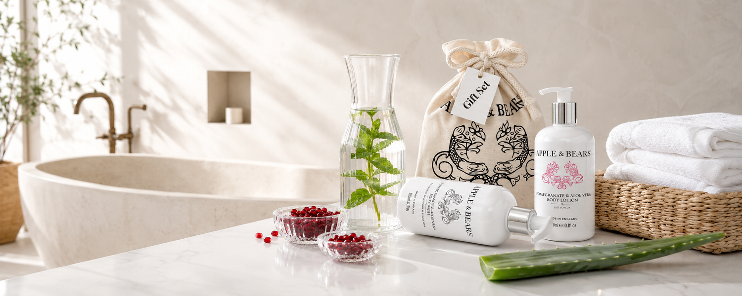 Apple & Bears Pomegranate & Aloe Vera luxury bath and body gift set — natural skincare collection styled in a spa bathroom, made in England
